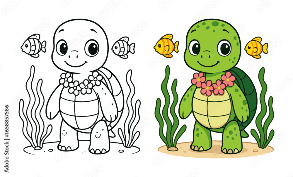 Obraz premium Cute cartoon turtle with fish in coloring and colored versions for kids