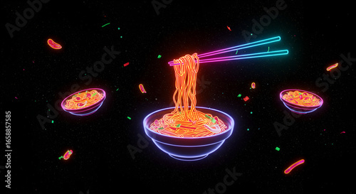 Futuristic neon-lit concept of noodles floating in zero gravity, glowing chopsticks catching strands of noodles in space
