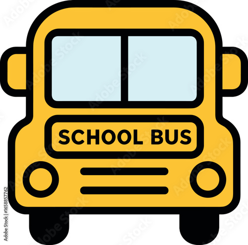 A yellow school bus icon, front-facing, with large windows and circular headlights. Its bold outline and bright color evoke a sense of reliability and