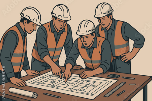 A group of construction workers gathered around a table, reviewing plans and blueprints. They wear helmets and uniforms, engaged in discussion. The