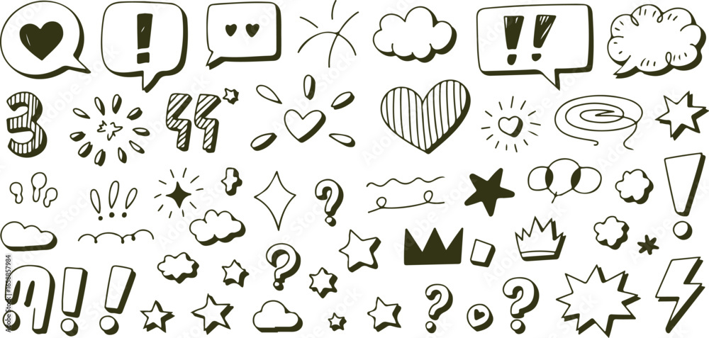 Naklejka premium hand drawn doodle icons set with speech bubbles hearts stars crowns clouds exclamation marks question signs and comic style elements