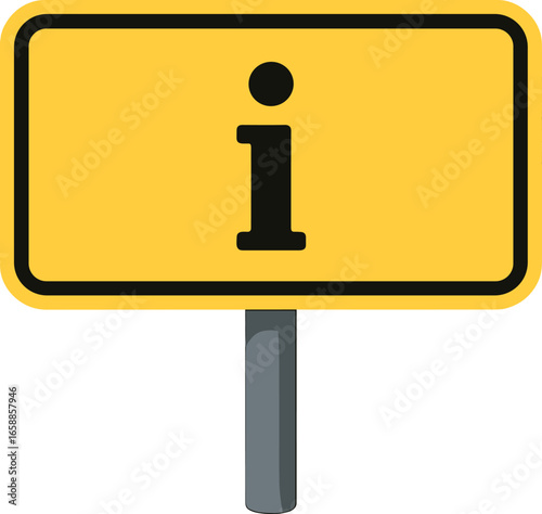 A rectangular yellow road sign with rounded edges on a gray post, indicating an information point or instruction. Its horizontal layout suggests