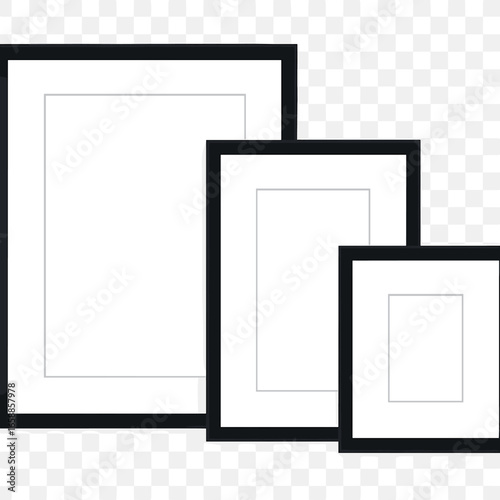 A set of three nested black frames of varying sizes, each with a white mat, arranged in a staggered layout. The composition creates a dynamic yet