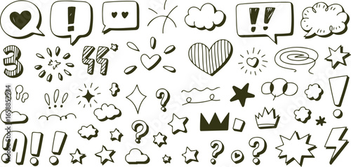 hand drawn doodle icons set with speech bubbles hearts stars crowns clouds exclamation marks question signs and comic style elements