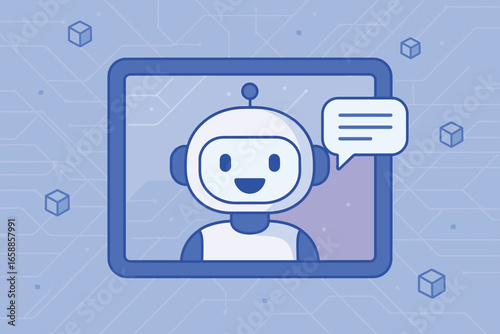 A smiling robot avatar appears in a digital screen, engaging in communication. The background is filled with a web of digital lines and floating cubes
