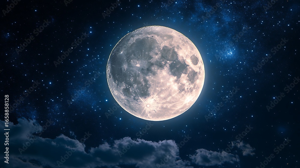 Fototapeta premium Full moon in a starry night sky with wispy clouds stars photo