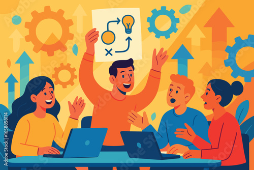 A scene of a team meeting where individuals are actively engaging in problem-solving is depicted. One member holds up a diagram with arrows and icons,