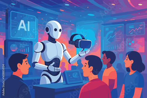 A tech exhibition where robots and humans interact with the latest AI gadgets. A humanoid robot demonstrates a virtual reality headset to an intrigued