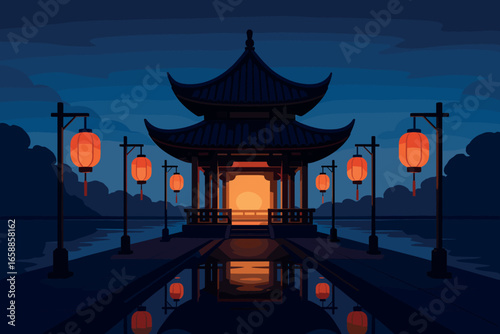 A traditional Asian pavilion glows warmly against a twilight sky, centered in the composition with its symmetrical architecture. Red lanterns hang