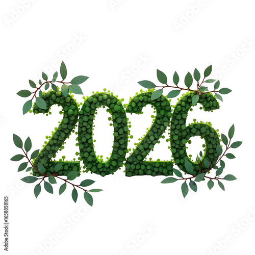 Green leaves forming the number 2026 with branches and foliage  