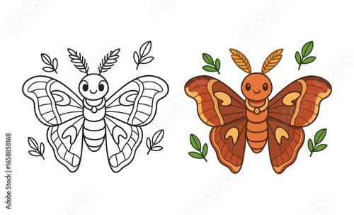 Cute cartoon moth with outline and color versions surrounded by leaves