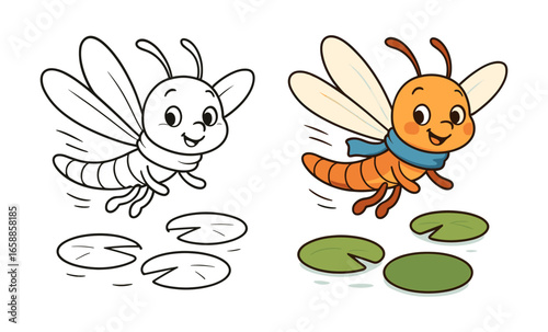 Cheerful cartoon insects with lily pads in color and outline