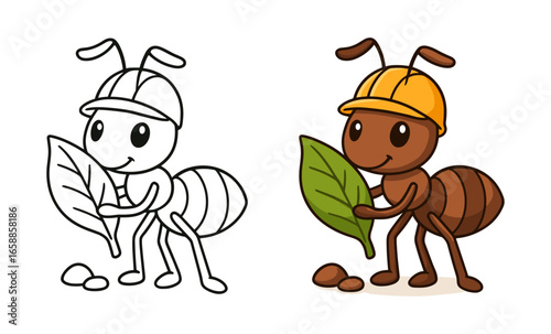 Cute cartoon ants with helmet holding leaf in color and outline style