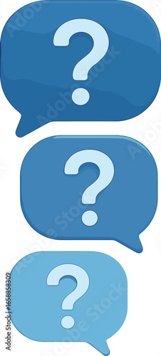 A vertical arrangement of three speech bubbles, each with a question mark, in varying shades of blue. The gradient effect adds depth, while the