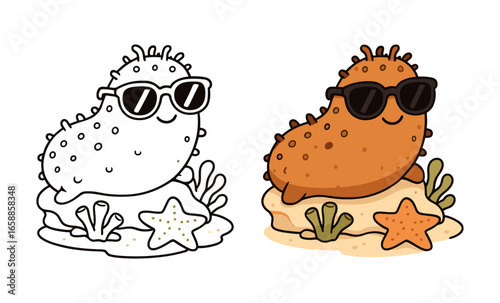 Cute sea cucumber with sunglasses in doodle and color variations on coral reef