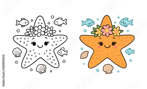 Cute starfish with floral crown and fish in color and outline versions