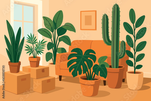 A vibrant indoor scene featuring various potted plants placed strategically around a living space. Tall cacti and leafy greens bring a natural element