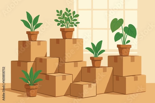 A collection of stacked cardboard boxes, each differing in size, form the backdrop of a moving scene. Potted plants with vibrant green leaves sit atop