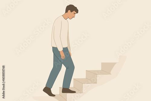 A person descends the stairs slowly, lost in thought. The setting is tranquil, with a subtle textured background that enhances the introspective mood.