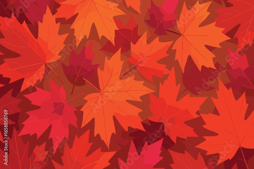 A collection of autumn leaves in vibrant shades of red, orange, and pink scattered across the composition. Leaves overlap and interact dynamically,