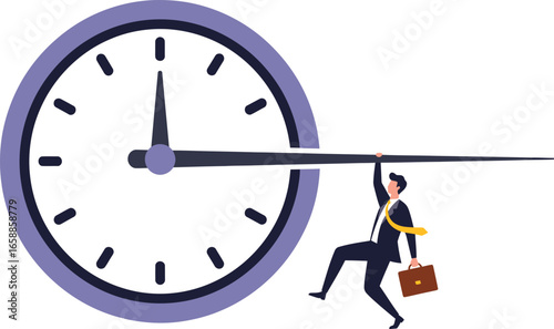Vector art of businessman hanging onto clock hand