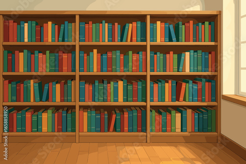 A set of bookshelves lining one side of the classroom, filled with books of different sizes and colors. The shelves are organized yet inviting,