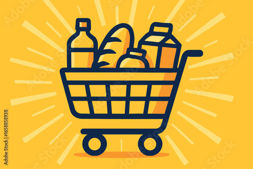 A vibrant shopping cart icon is depicted in a similar style, with a burst of yellow rays in the background. The cart is filled with various products,