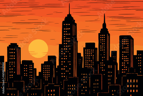 A comic-style cityscape at sunset, with skyscrapers silhouetted against a glowing orange sky. The buildings are outlined in thick black lines,