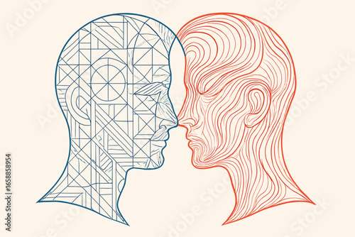 A pair of interlocked profiles are drawn with fine lines, one side in cool blues and the other in warm reds. The cool side features geometric patterns
