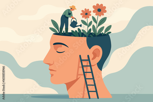 A ladder leans against a giant head, where a tiny gardener tends to blooming flowers. This surreal setting emphasizes the nurturing of ideas and