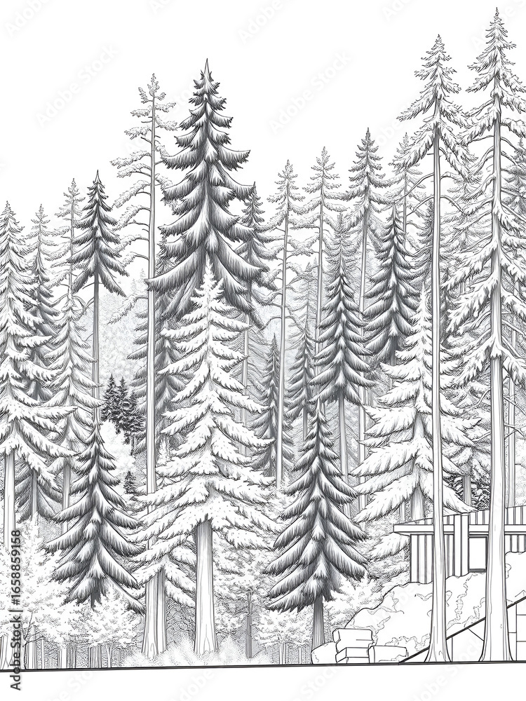 Obraz premium A detailed architectural drawing of a dense forest elevation, featuring a variety of deciduous and coniferous trees with intricate line work and fine textures.