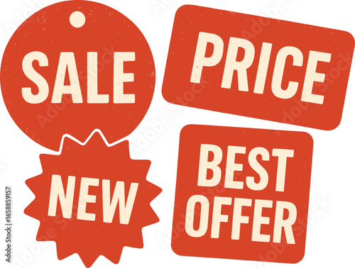 A set of red price tags with different shapes, such as circular, rectangular, and star-shaped, each featuring bold white text. The tags are arranged