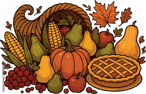 An assortment of Thanksgiving-themed items, including a cornucopia spilling with fruits and vegetables, is artistically arranged. The abundance of