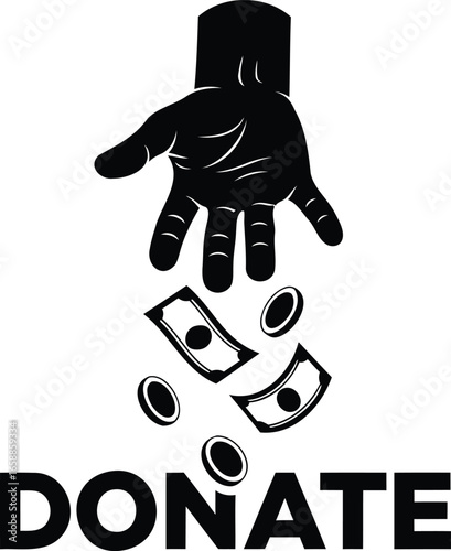 Vector art of hand dropping money and coins with the word donate