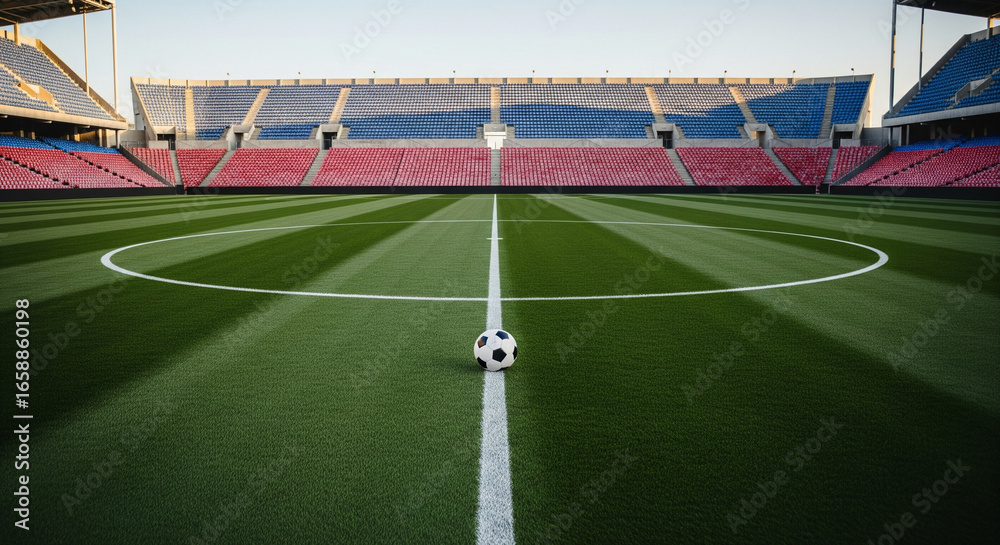 Obraz premium A classic soccer ball rests on the center line of a professional stadium field. The pristine, striped grass leads the eye towards the empty, colorful stadium seating in the background
