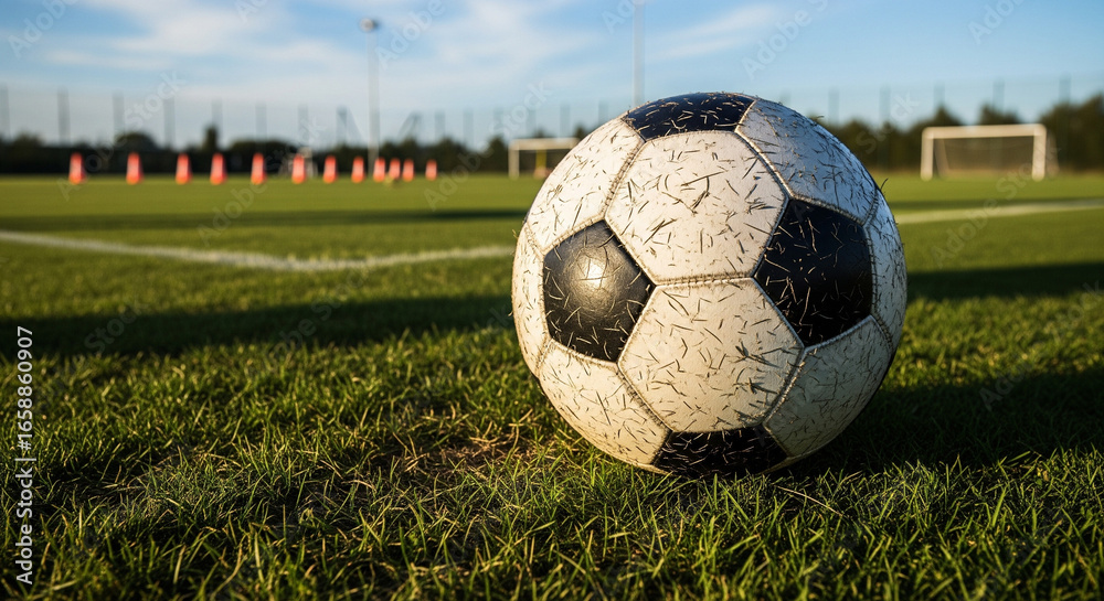Fototapeta premium A close-up shot of a classic soccer ball on the corner of a green grass field. The soft, late afternoon sunlight illuminates the ball and the texture of the grass. In the blurred background, a goal