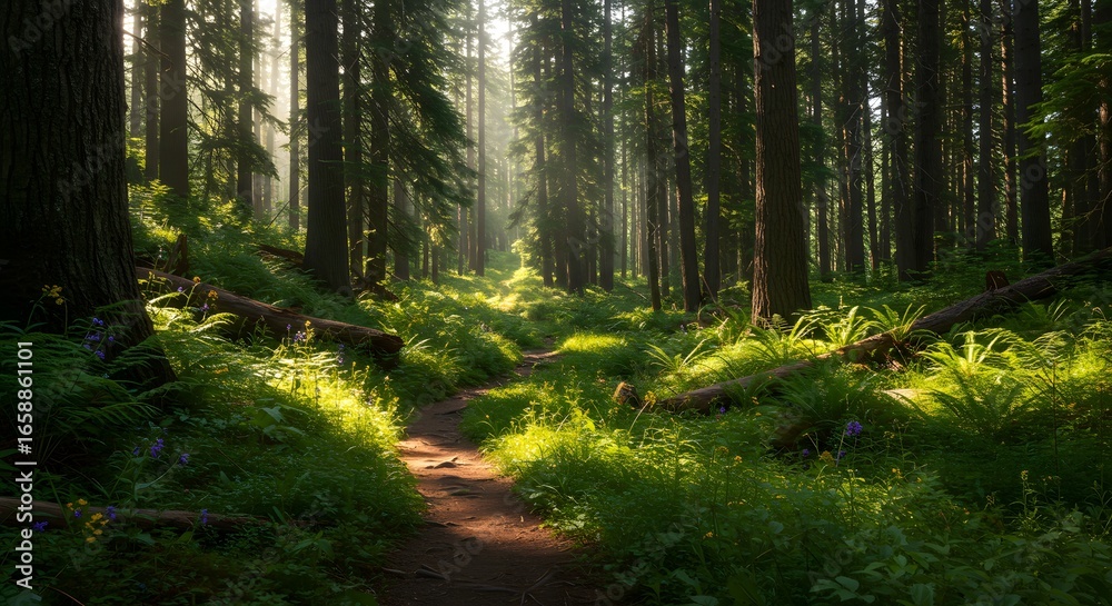 Obraz premium A sunlit path winding through a dense forest with tall trees and lush green undergrowth on a bright day