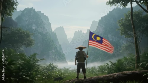 Malaysian Explorer: A Lone Figure Holds National Flag Amidst Lush Jungle and Majestic Mountains