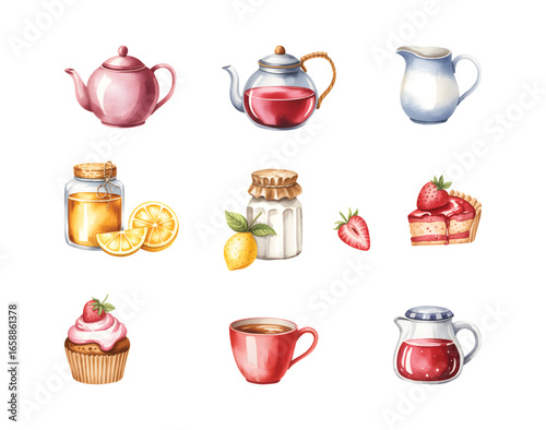Watercolor breakfast tea collection. Watercolor sweet treats with dessert and beverage tea set.