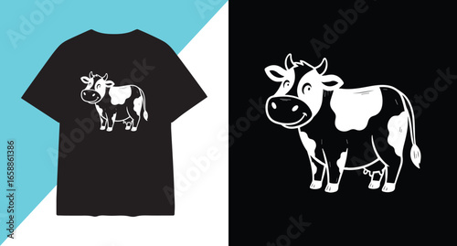 Black t shirt with a cartoon cow graphic and a separate cow illustration