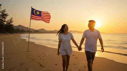 Couple Walking on Beach at Sunrise with Malaysian Flag