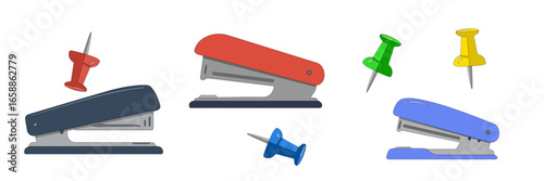 Three colorful staplers with push pins for binding and office supplies concept on transparent background