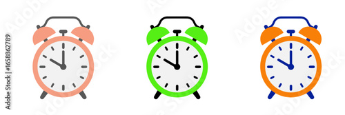 Three colorful alarm clocks in different colors for time management and scheduling concept on transparent background