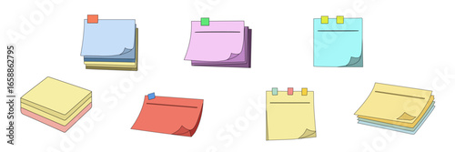 Seven colorful sticky notes for reminders and organization concept on transparent background