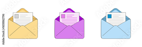 Three colorful envelopes with letters for communication and correspondence concept on transparent background