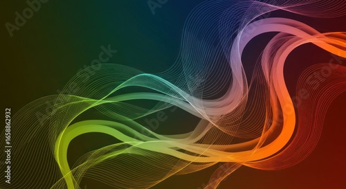 Abstract wavy lines with gradient colors on a dark background