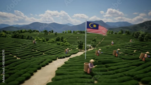 Malaysian Tea Plantation Landscape: Scenic Aerial View of Tea Workers Harvesting in Lush Green Fields Under a Sunny Sky with the Malaysian Flag Waving