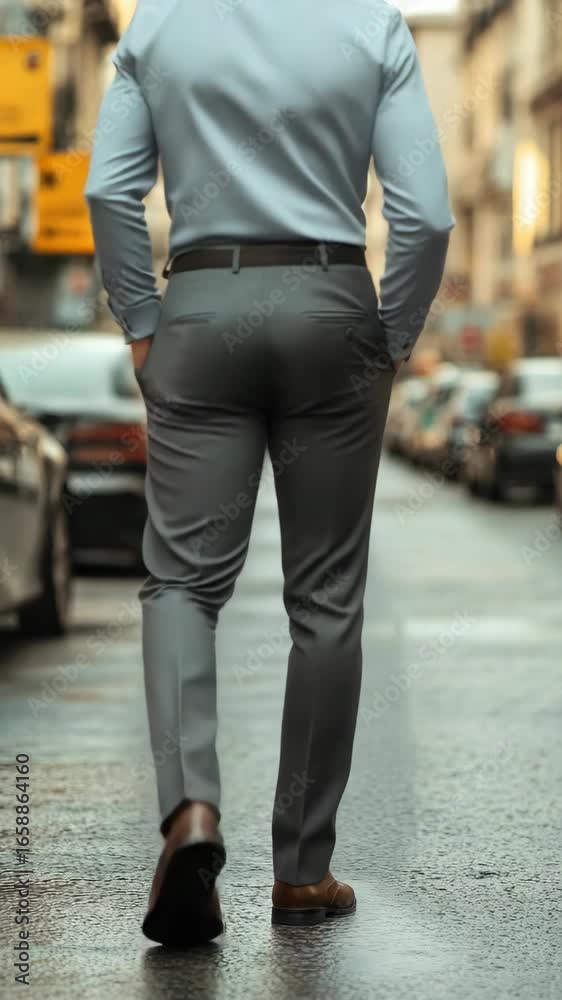 A man wearing a gray pants and a blue shirt. He is standing on a wet road. The pants are made of wool A man wearing a gray pants and a blue shirt. He is standing on a wet road. The pants are made of wool