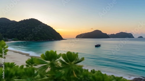 Serene Sunrise Over Tropical Beach and Islands: A Breathtaking Coastal View