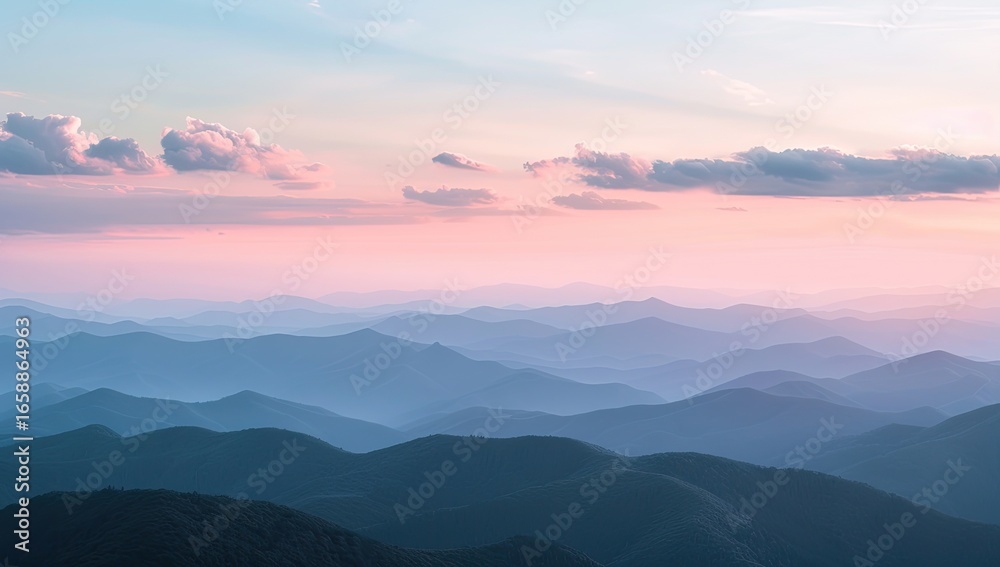 Obraz premium Serene sunset over layered mountains, panoramic view, peaceful sky, nature background, travel poster